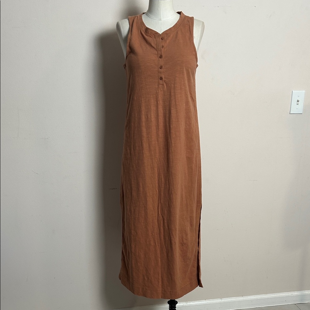 Z Supply Cotton Brown Shirt Dress maxi with side slits and front button size XS
